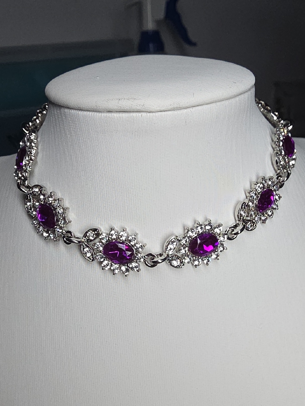 Women's Elegant Silvertone with White & Purple Gemstones Bracelet